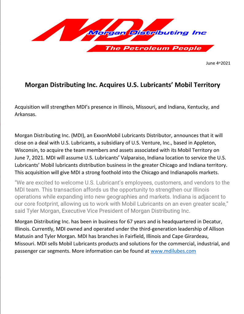 Morgan Distributing Announces Acquisition of U.S. Lubricants, Valparaiso